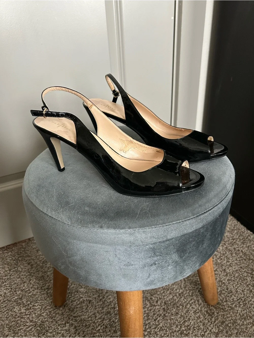 Cole Haan Black Patent Slingback Peep-Toe Heels - Picture 1 of 6
